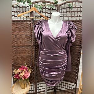 Fashionova Long Sleeve Purple/Lavender Satin/Silky Ruched Stretchy Classy Dress